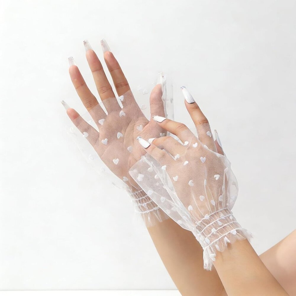 Women's Hand Sleeves Heart Pattern White Bracelet Cuffs Lace Gloves Accessories - Picture 3 of 6